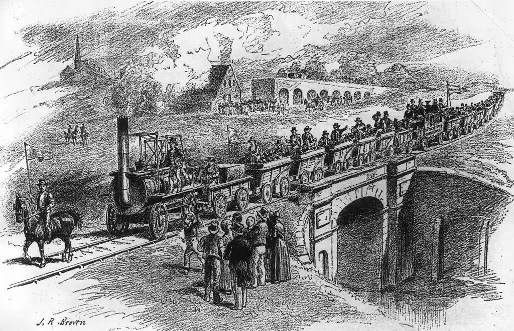 Black and white drawing of The Opening of the Stockton & Darlington Railway in 1825 by J.R. Brown